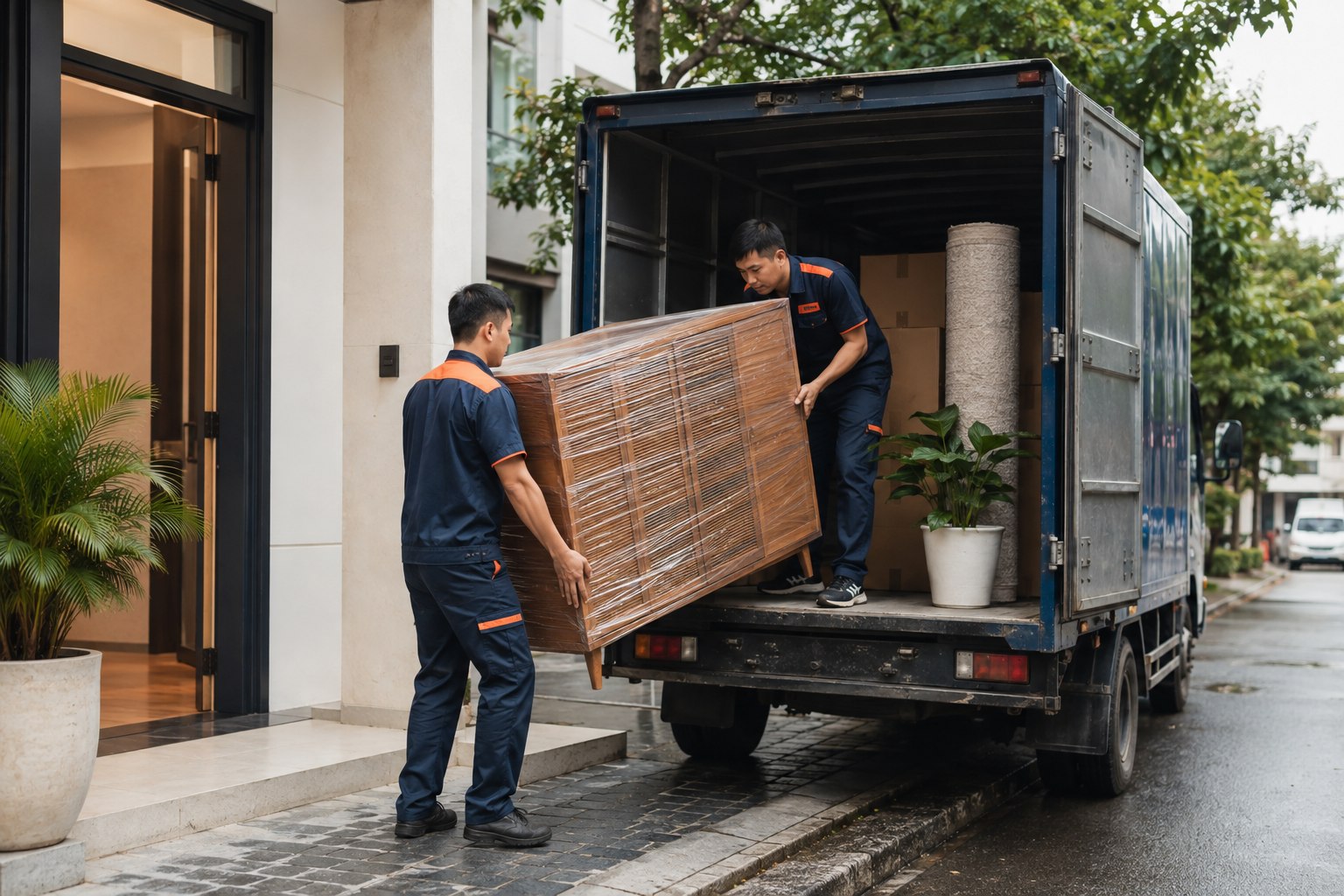 Nhân viên vận chuyển đồ nội thất được bọc kỹ lên xe