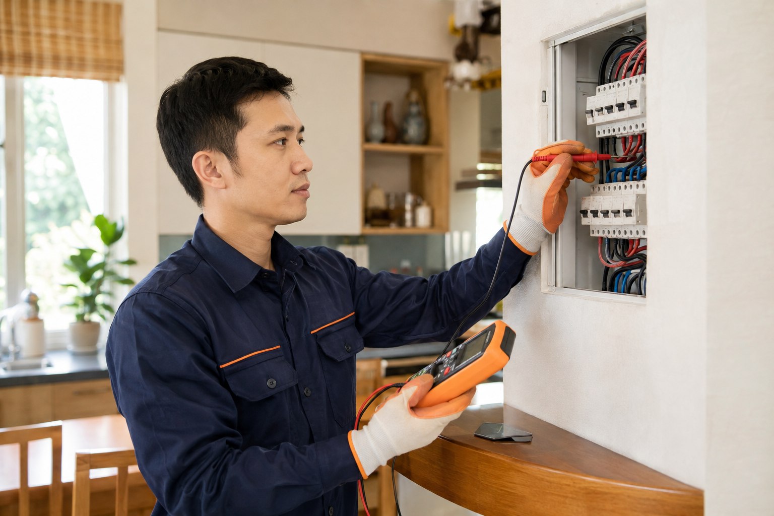 Kỹ thuật viên kiểm tra tủ điện gia đình bằng đồng hồ đo