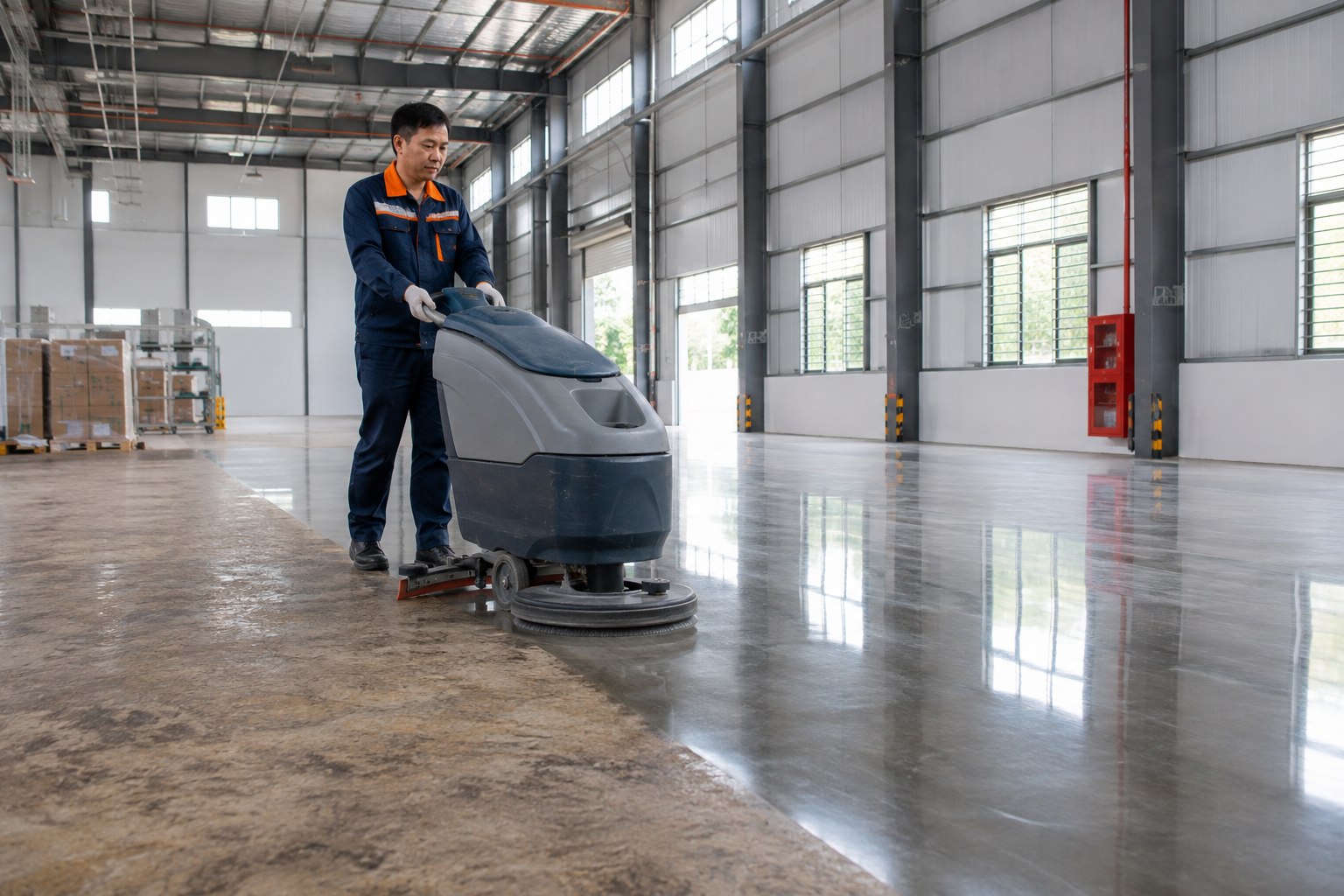 Nhân viên sử dụng máy chà sàn trong nhà xưởng